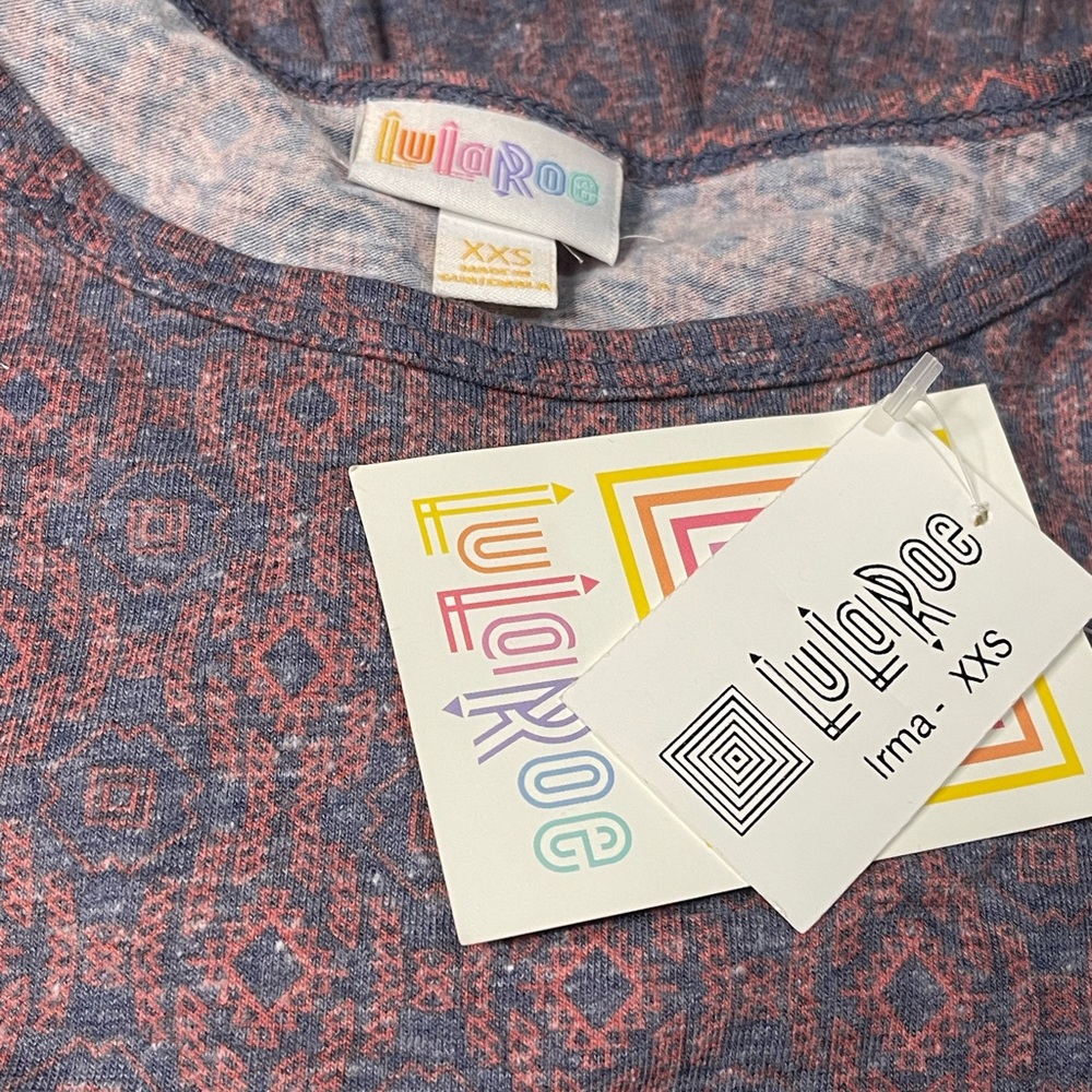LuLaRoe Irma Tunic Top XXS NWT Heathered Red Blue Geometric Print Hi-Low